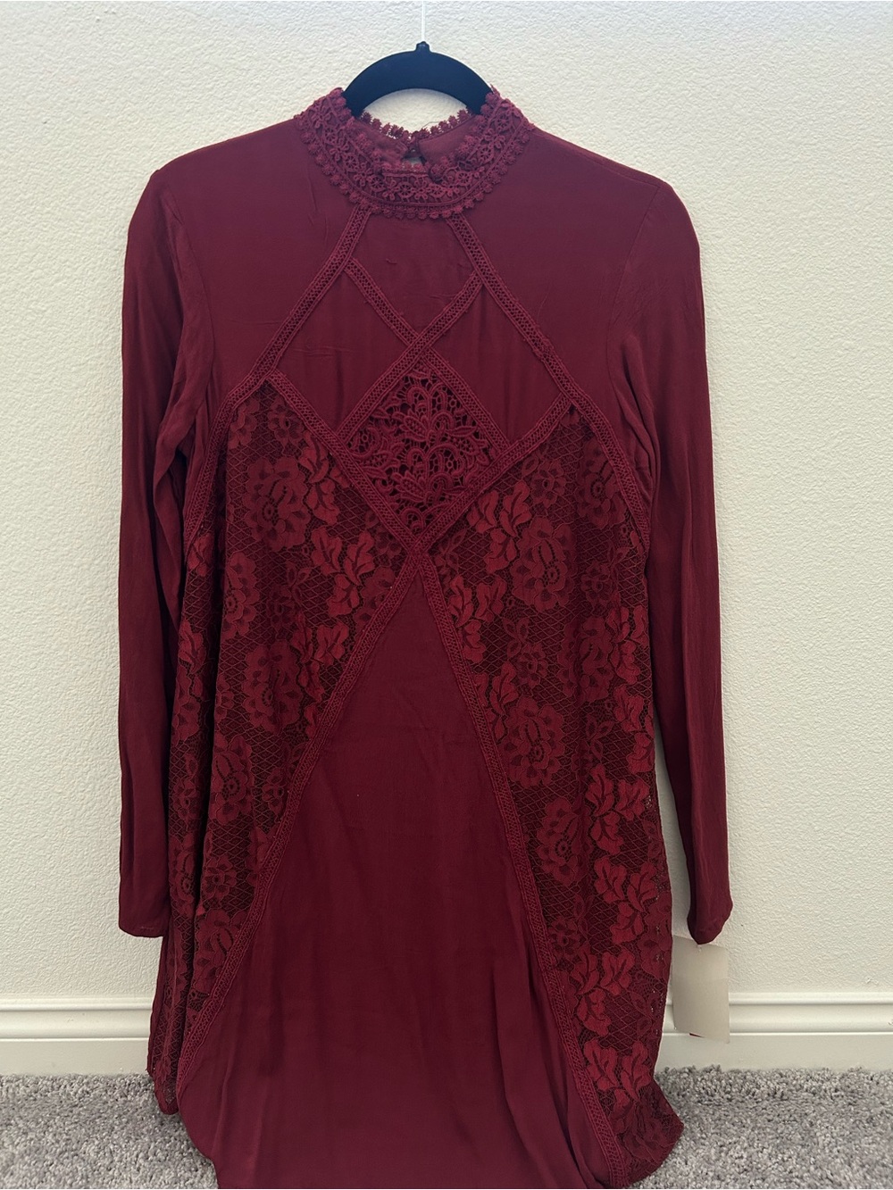 Xhilaration Burgundy Lace-Inset Long Sleeve High Neck Top